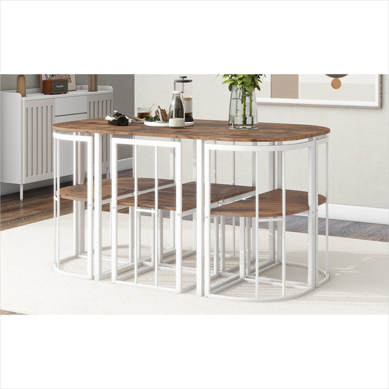 Ensemble de salle à manger en simili marbre pour 6 personnes en forme de D en blanc, table compacte de 53,5 pouces avec structure en fer