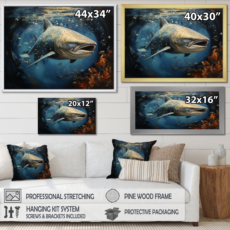 " Gray Blue Shark Elegance II ", Silver Picture Framed, 16" H x 32" W x 1" D