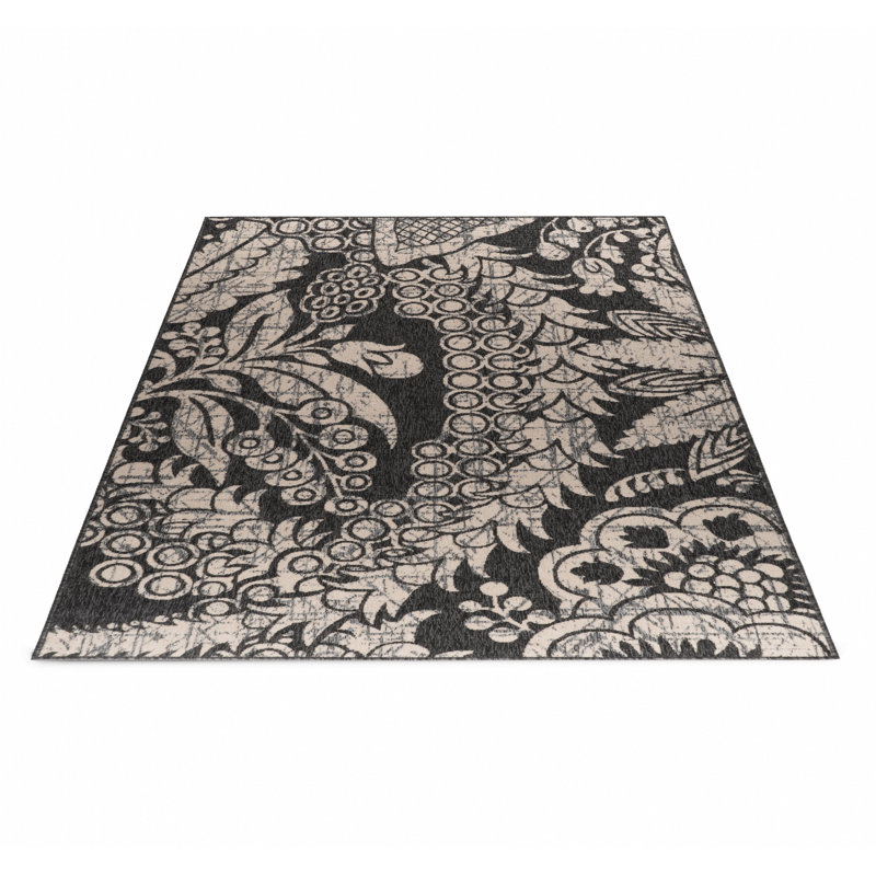 Tapis intérieur / extérieur brun clair / noir / bleu Mackai, Rectangle 5 pi 3 po x 7 pi 7 po