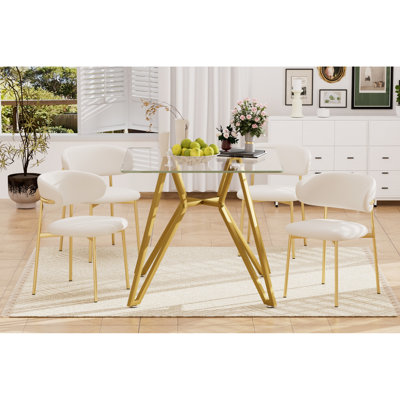 Gold Glass Dining Table, 35.4 Inches In Size, Ideal For Contemporary Living Rooms, Space - Saving And Tempered Table Square, Office Or Cafe, Compact Elegant, Scratch Adjustable Feet
