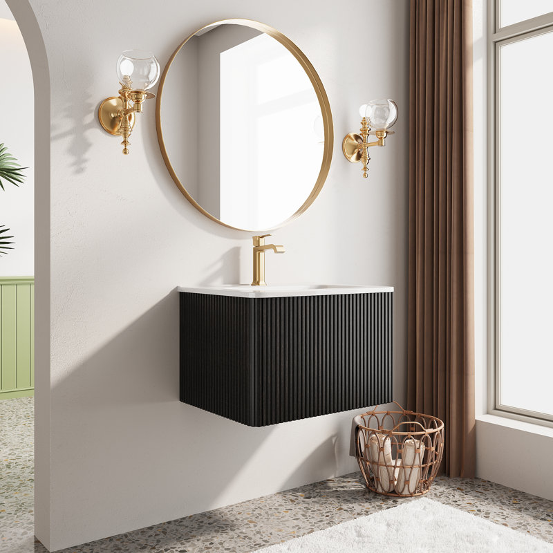 Meuble-lavabo mural et flottant avec lavabo en céramique, Noir, 24"