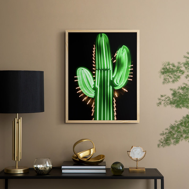 Reproduction encadrée de cactus néon - bois massif, Naturel, H 21 po x l 17 po