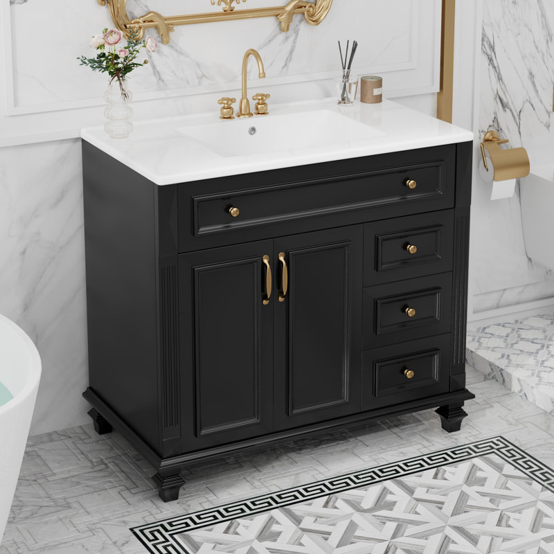 36" Bathroom Vanity With Sink, Vanity Cabinet With Flip-Out Drawer, 3 Drawers, 2 Soft-Close Doors, Solid Wood & MDF, Elegant Hardware