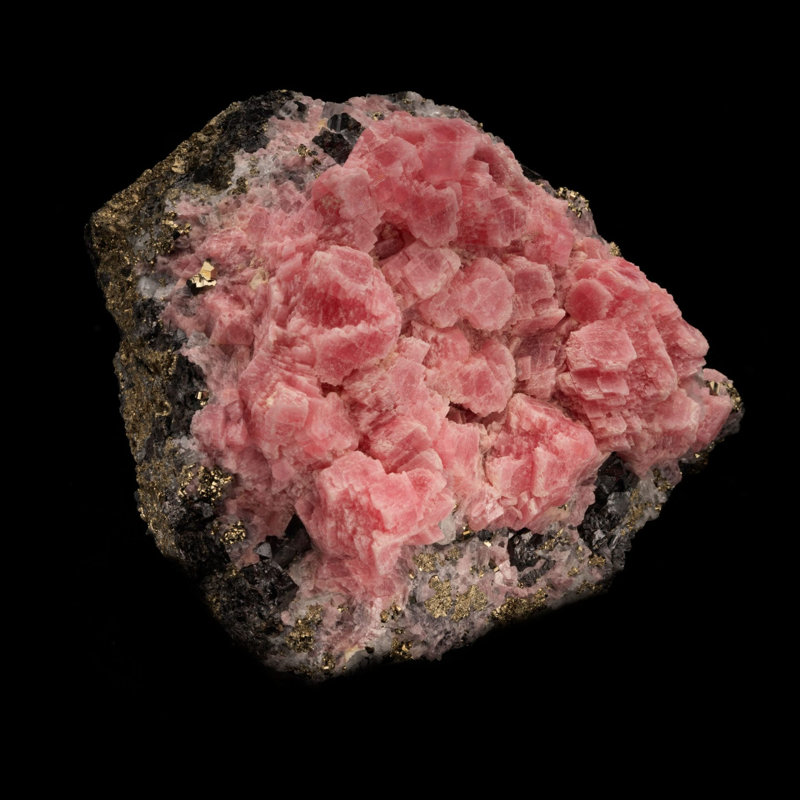 Rhodochrosite on Pyrite and Tetrahedrite From Peru
