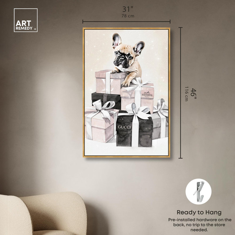 Jolies boîtes-cadeaux sur toile Frenchie , H 46 po x l 31 po, Cadre flottant doré