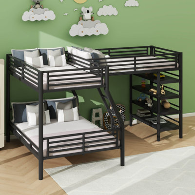 An L-Shaped Metal Bunk Bed Configuration, Comprising A Twin-Size Loft Bed Positioned Above A Full-Size Bottom Bunk, And Incorporating Four Built-In Shelves