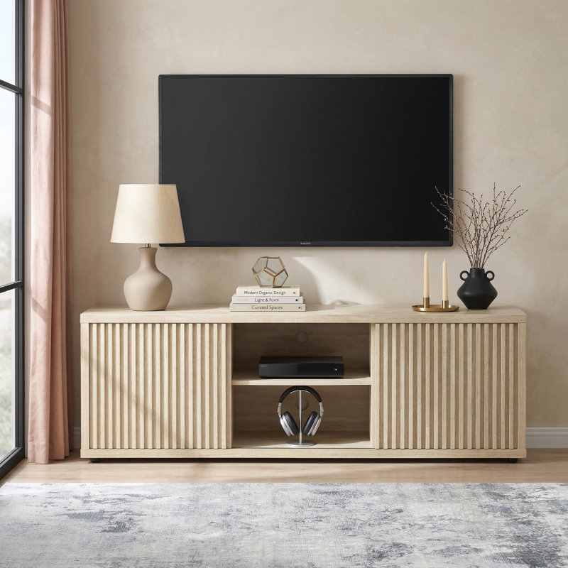 Abdel 67.7" W Mid Century Modern TV Stand with Storage and Shelves to fit up to 75" TVs, Travertine Beige