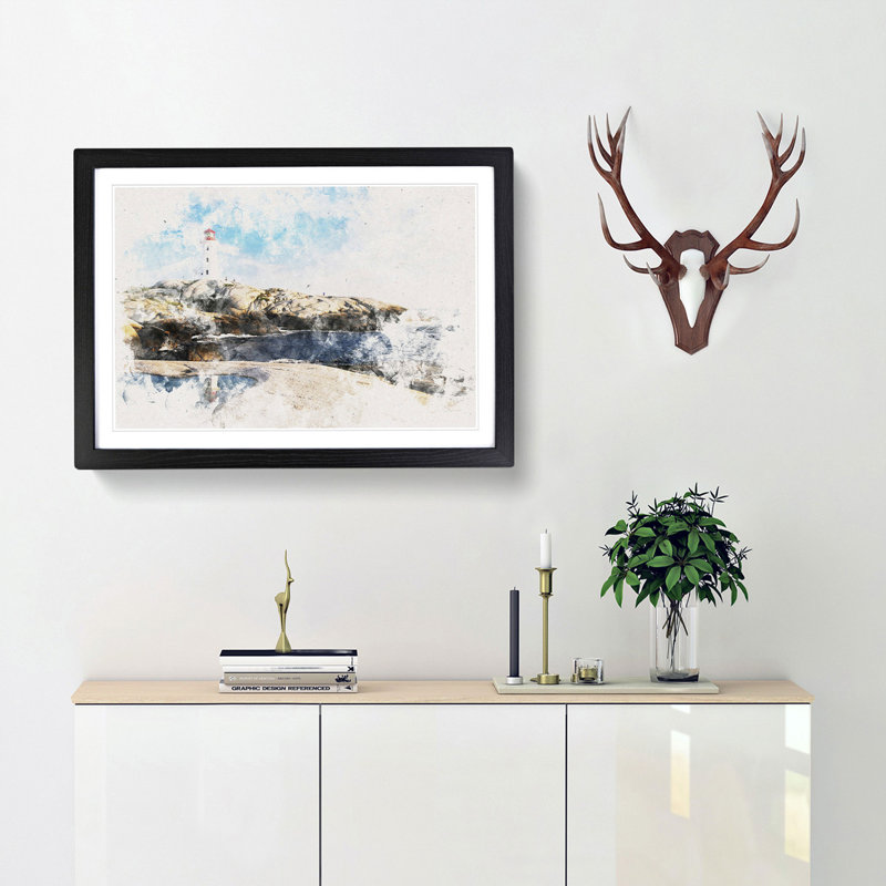 Lighthouse & Seascape in Canada - Picture Frame Painting Print, 62cm H x 87cm W x 2cm D, Black Framed