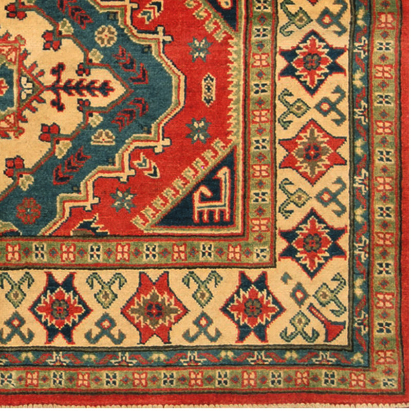 Tapis en laine bleu/rouge/beige 4 pi 9 po x 6 pi 6 po one-of-kind-noué la main Jevon