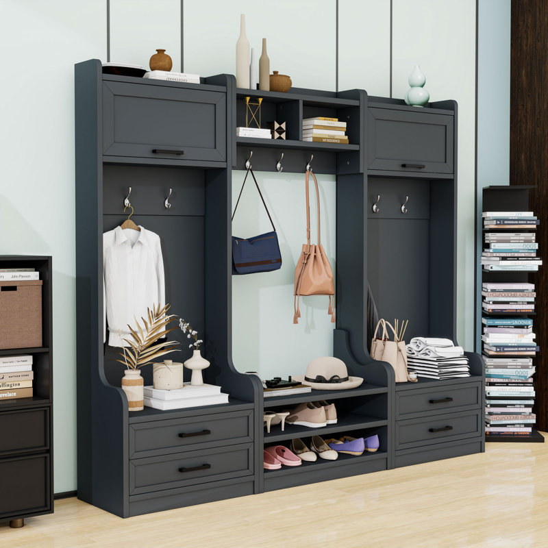 Luxurious Wood Hall Tree with Storage Drawers, Cabinet, Shoe Bench and 7 Hooks, Antique Blue