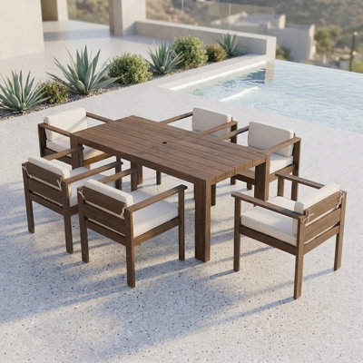 Ensemble de salle à manger 7 pièces Rustic - Table de 72,8 po avec trou pour parasol et chaises rembourrées