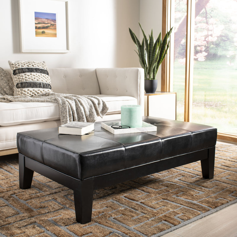 Black Tufted Leather Cocktail Ottoman with Beech Wood Frame