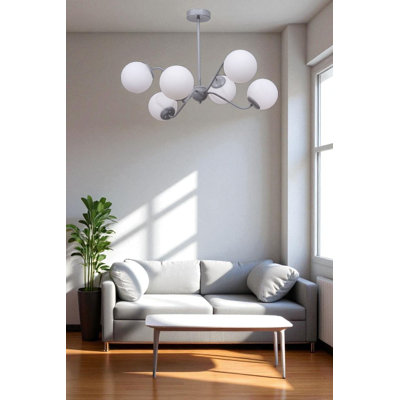 Lustre réglable élégant, structure en métal et capuchon en verre, 15 x 15 cm (5,9 x 5,9 po) | Hauteur totale: 15,7 à 23,6 po | 6 x douilles E27, 40 W maximum | Design élégant blanc et gris, parfait pour la salle à manger et les espaces de vie