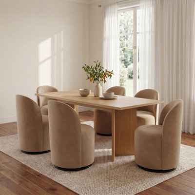 Set Of 6 Upholstered Kitchen & Dining Room Barrel Chair, Mid Century Modern Round Velvet Dining Chair, 360 Degree Swivel Comfy Armless Accent Makeup Vanity Side Chair for Bedroom Living Room