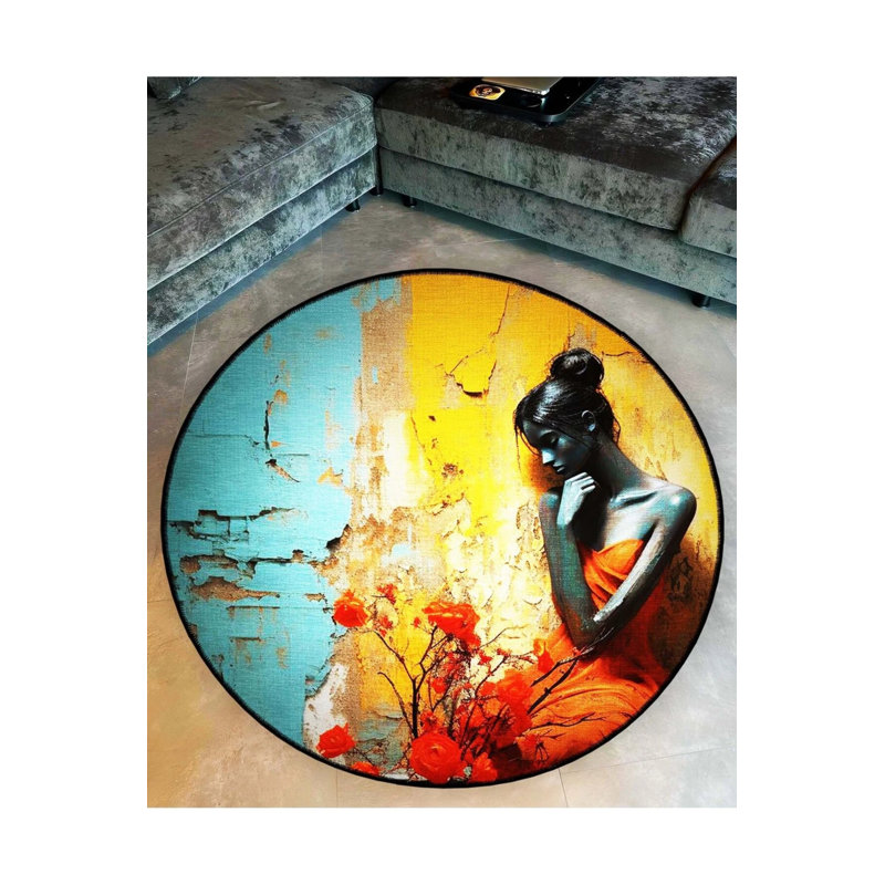 Multicolored Abstract Female Figure And Floral Pattern Round Woven Base Modern Decorative Carpet, Round 4'