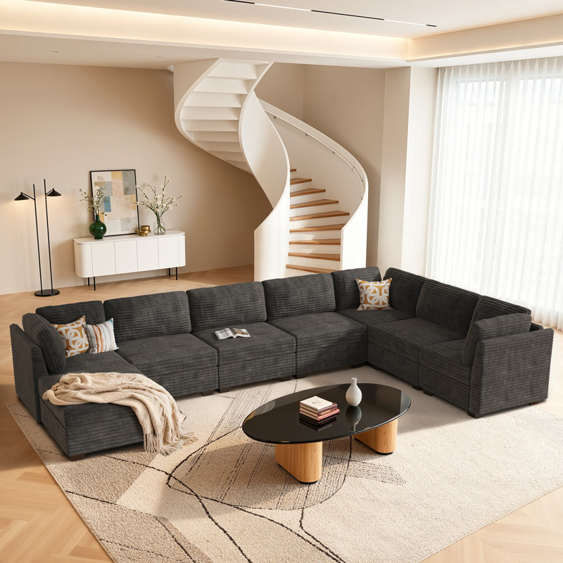Modular L-shaped Sectional Plush Corduroy Sofa With Movable Ottoman, Black Corduroy