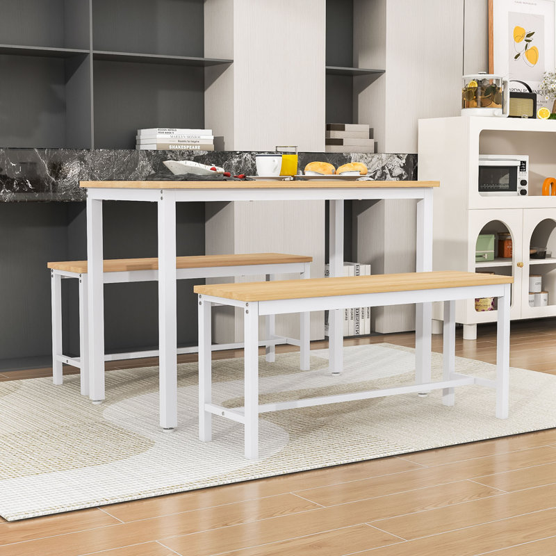 Ensemble de table de salle à manger 3 pièces, table rectangulaire industrielle avec 2 bancs et structure en métal durable