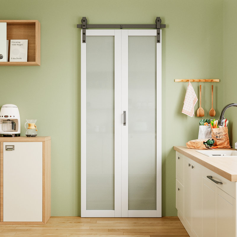 Porte de grange pliante à un vantail avec miroir, en bois massif fabriqué, préassemblée, 91,4 cm x 213,4 cm, avec trousse de quincaillerie d'installation (idéale pour les petits placards, garde-manger, buanderie, salle de bain)