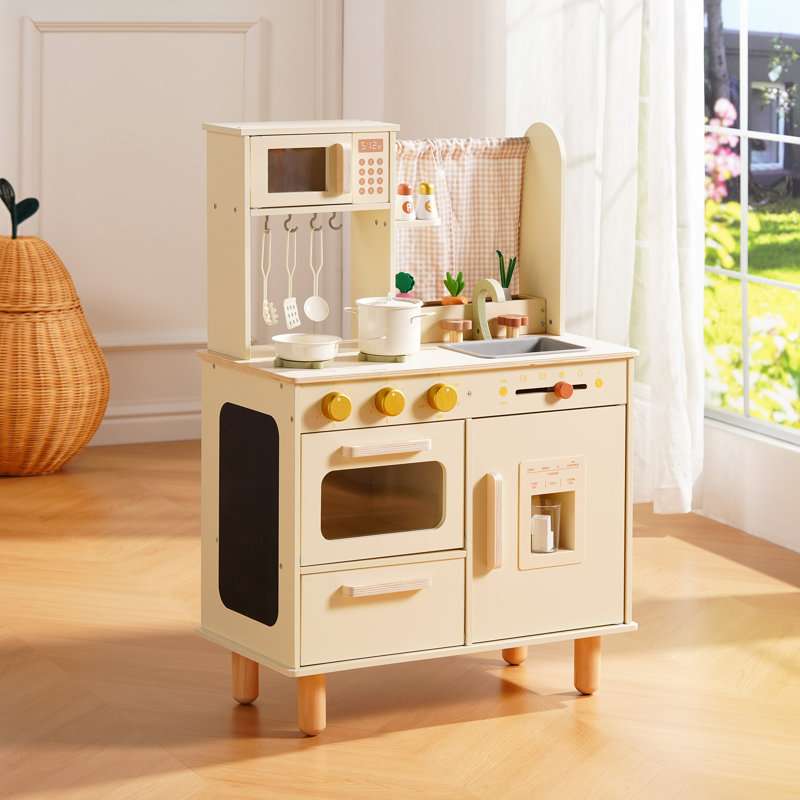 Wooden Kitchen Playset for Kids, Pretend Play Kitchen with Microwave, Sink, Oven, Chalkboard & Plant Kits, Beige