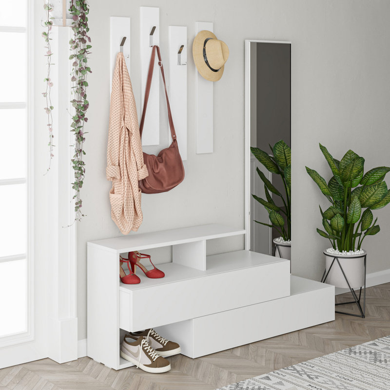 Claflin Elegant Hall Stand with Mirror & Coat Rack, White, 53.9 x 21.5 x 13.8 inches | 100% Melamine Coated Particle Board, Soft-Close Hinges, Wall-Mountable, Multiple Shelves | Modern Design for Entryway & Hallway