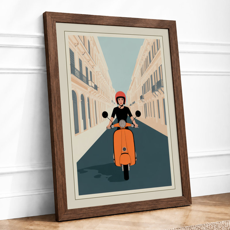Vespa in the City Retro - Framed Print, A1 - 84.1 x 59.4 cm, Walnut
