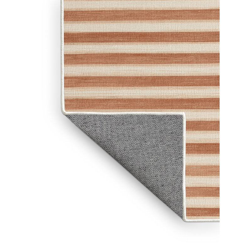 Tapis beige à rayures horizontales lavable à la machine, Carré 5 pi