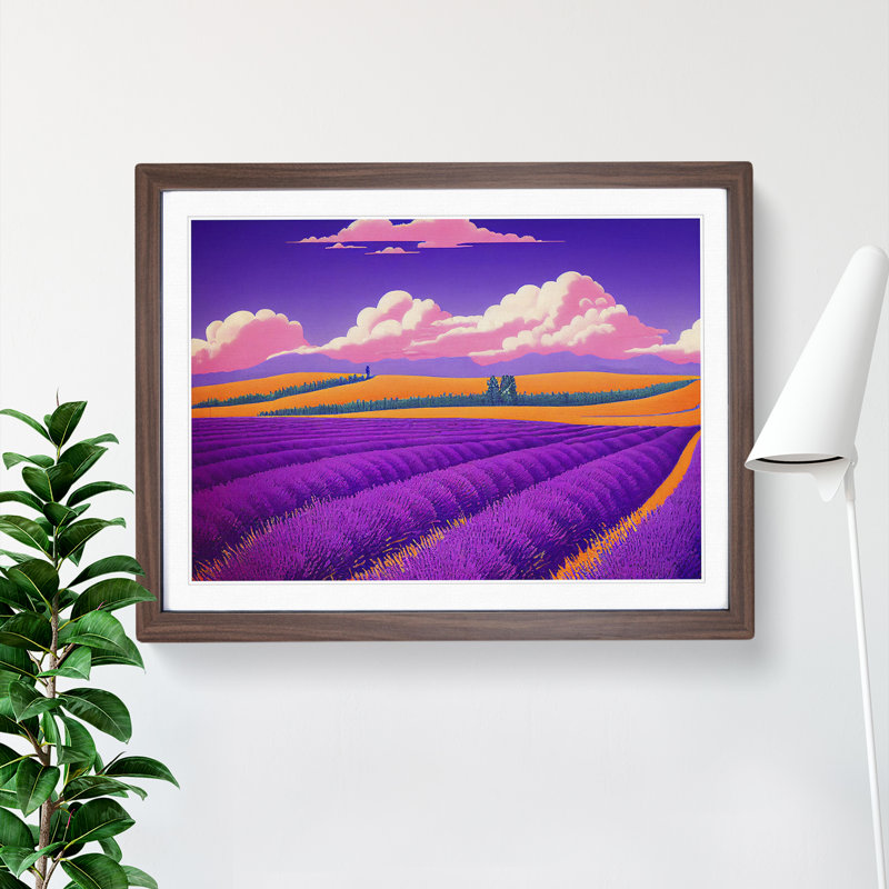 Ingenious Lavender Flower Field - Single Picture Frame Print, 46cm H x 64cm W x 2cm D, Walnut