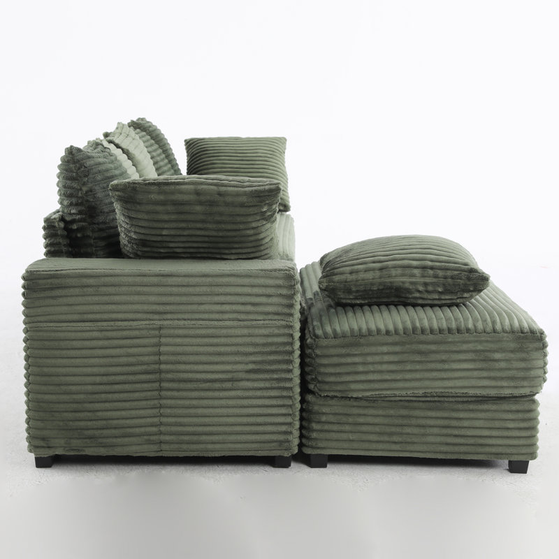 Canapé modulaire en L vert avec repose-pieds en velours côtelé