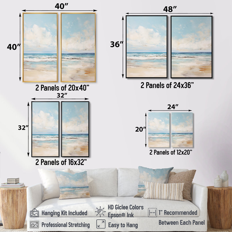 Ensemble de 2 décorations murales bord de mer beige et bleu, H 36 po x l 48 po, Reproduction encadrée sans passe-partout