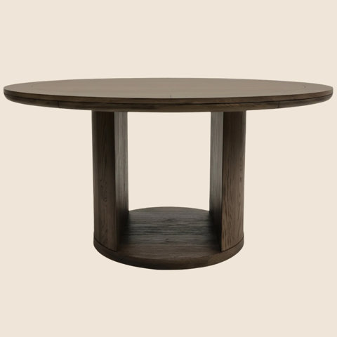 Round dark wood dining table with a sturdy pedestal base and a circular bottom shelf on a light background.