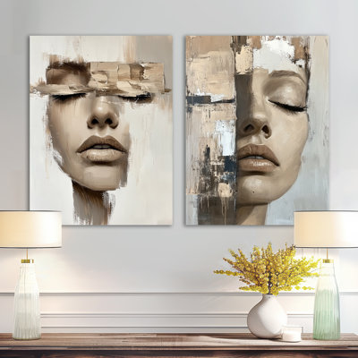 Visage de femme abstrait moderne I - Tableau abstrait en deux parties pour salon