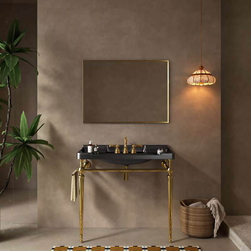 Vici 36" Bathroom Console Sink, Wall-mounted Black Ceramic Vanity Basin With 3 Pre-drilled Faucet Holes, Freestanding Stainless Steel Support Legs With Towel Bar, No Faucet