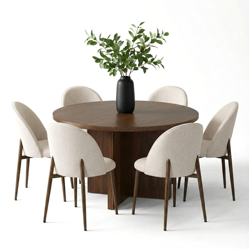 7-Piece 52" Round Walnut Dining Set For 6, Beige