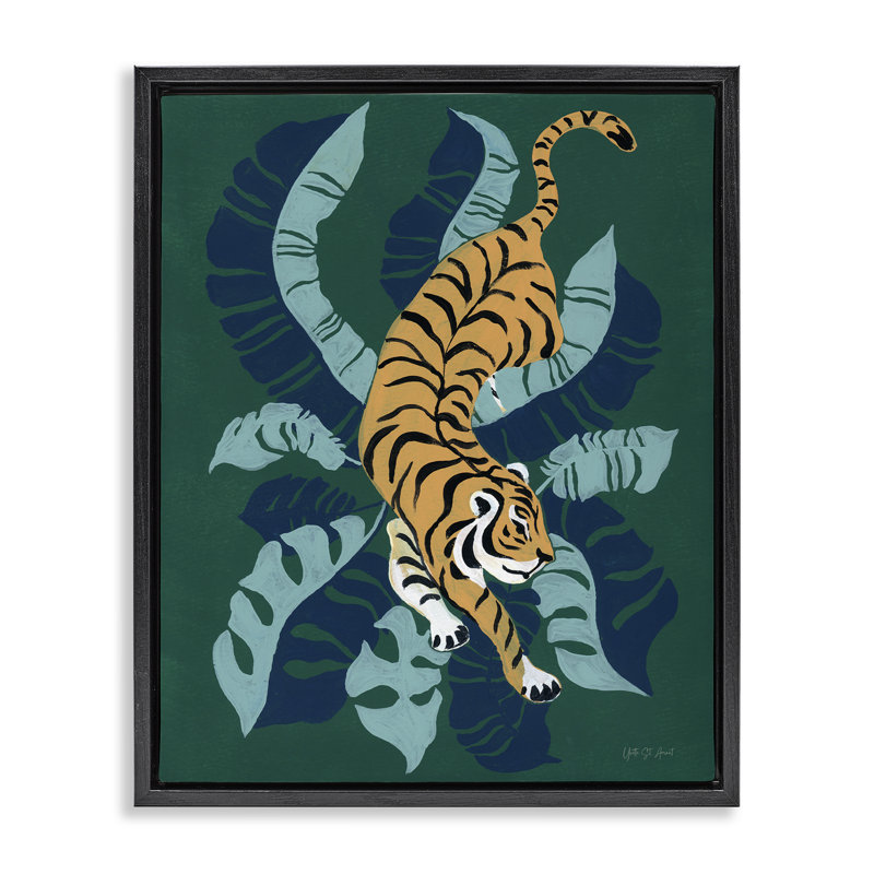 Tigre rôdant sur des palmiers, art mural sur toile flottante par Yvette St. Amant, Cadre flottant noir de jais