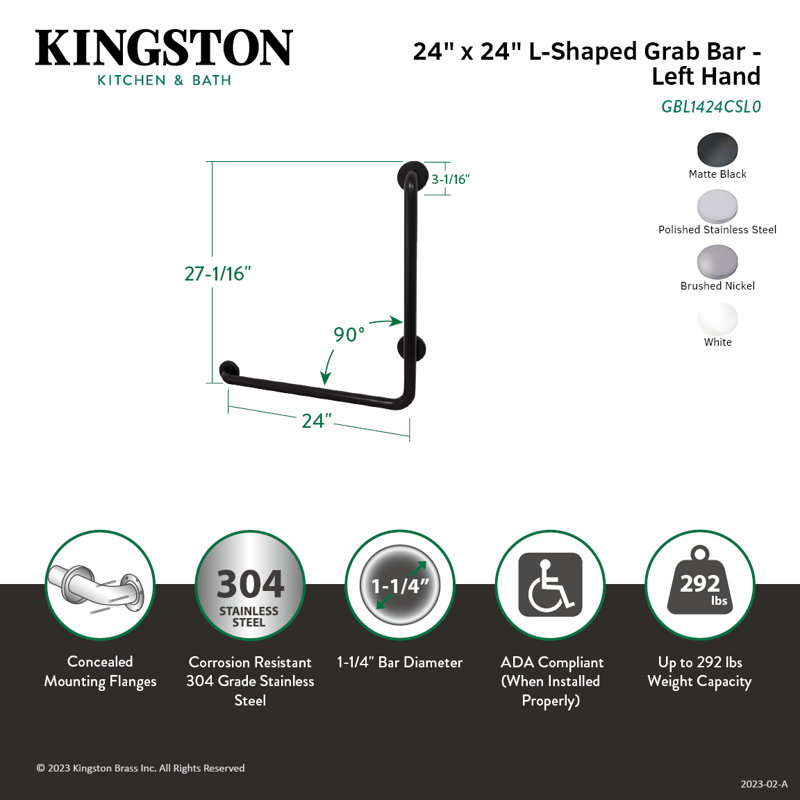 Kingston Brass Made To Match 24-Inch X 24-Inch L-Shaped Grab Bar, 1-1/4 Inch O.D, Left Hand, Mirror