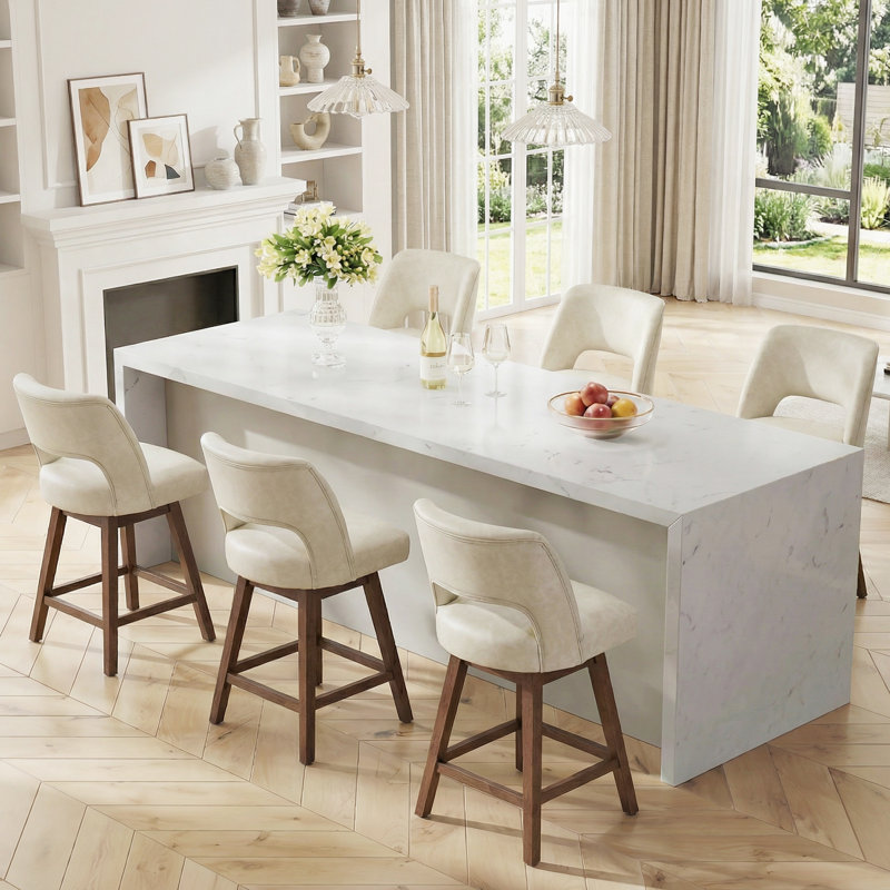 Tabouret de bar pivotant en similicuir avec structure en bois massif (ensemble de 6), Beige / similicuir, 6, Noyer foncé