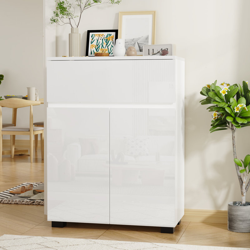Modern High-Gloss Sideboard Buffet Cabinet, Stylish Kitchen Storage Cabinet With Drawer & Adjustable Shelf, Sleek Coffee Bar Station For Dining Room