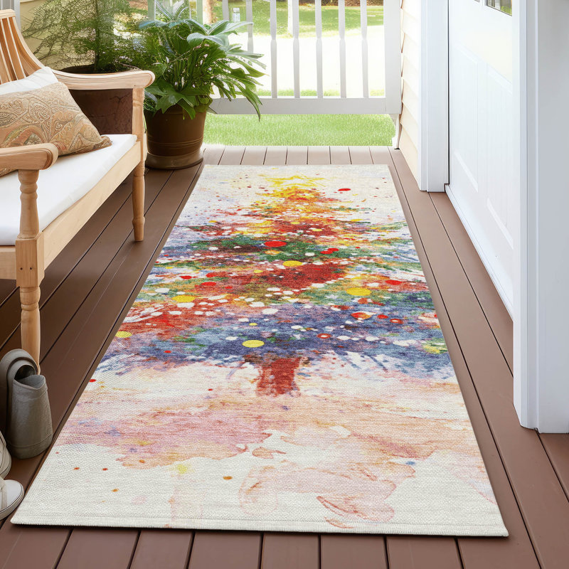 Machine Washable Indoor/Outdoor Christmas Tree Xhevrie Ivory Rug, Round 8'