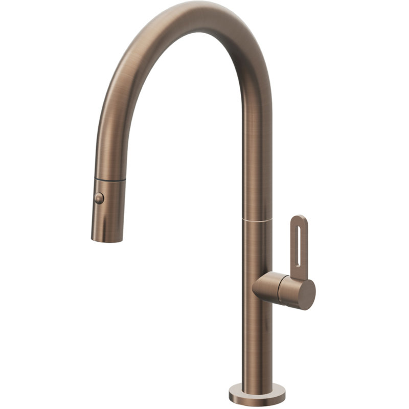 Pull-Down Kitchen Faucet With Button Sprayer - Low Arc Spout, Satin Bronze, Black Short Stick