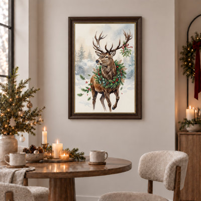 Art mural sur toile, cerf brun avec couronne de pin et gui dans la neige