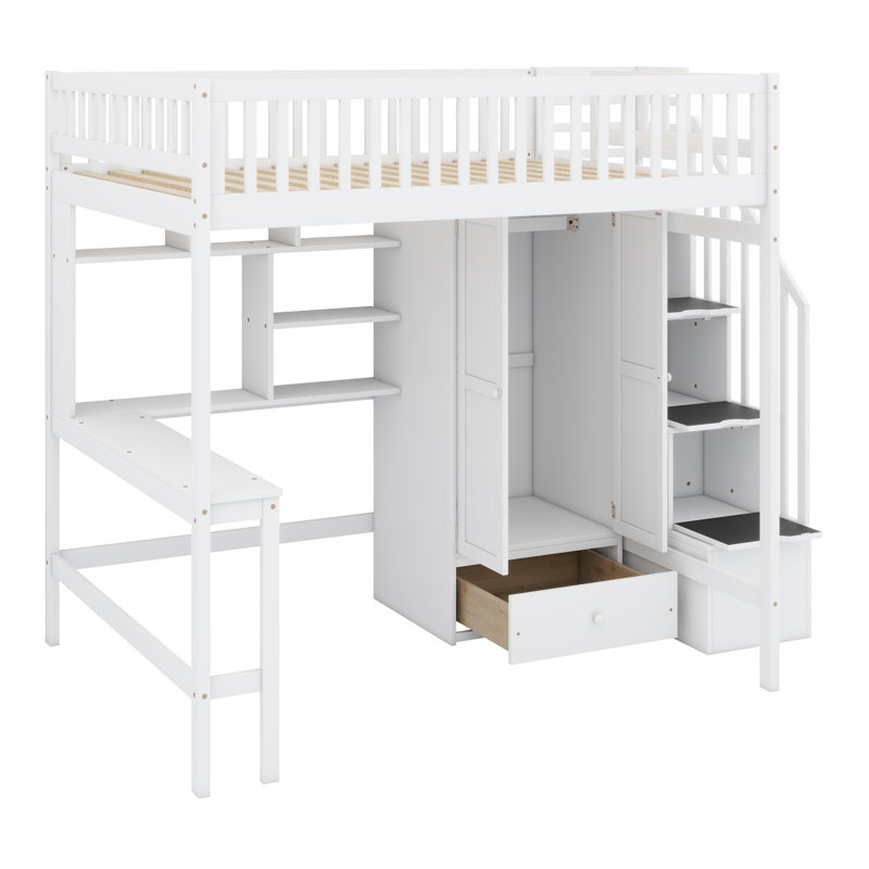 Loft Bed With Bookshelf,Drawers,Desk,And Wardrobe, White