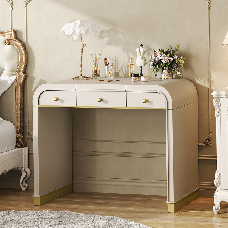 Bureau de coiffeuse en bois avec miroir rabattable, coiffeuse avec 2 tiroirs de rangement pour la chambre à coucher