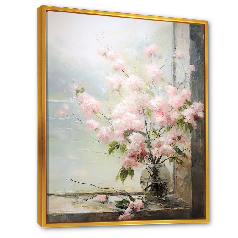 Fleurs de Japon, rebord de fenêtre, art mural Japon, Cadre flottant doré, H 20 po x l 12 po x P 1 po