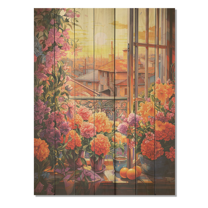 Sunset Florals Windows View In Italy II - fenêtre florale sur bois, H 20 po x l 10 po