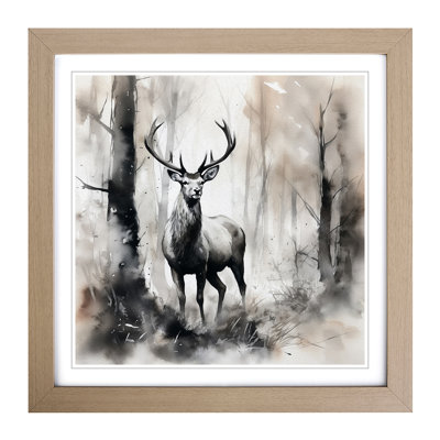 Stag In A Forest Ink No.2 - Single Picture Frame Print on Wood