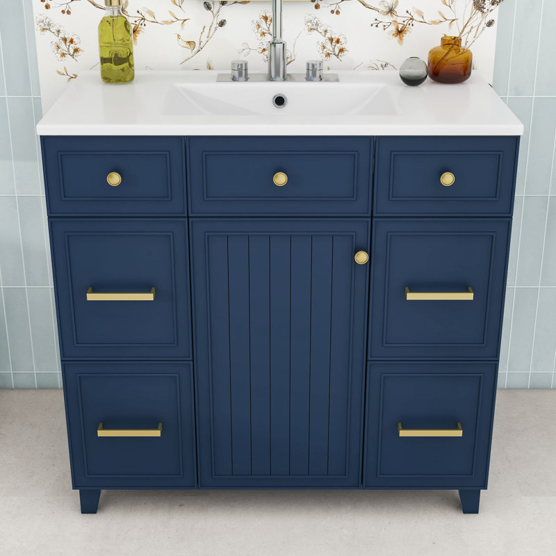 Meuble-lavabo 36 po avec lavabo en céramique, armoire de rangement avec porte à fermeture douce et 3 tiroirs, Marine