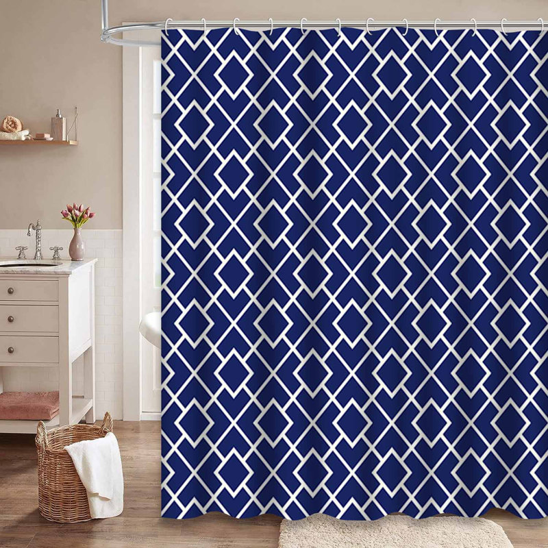 Symmetric Geometric Ornament Navy Shower Curtain with 12 Hooks, 72" L x 84" W