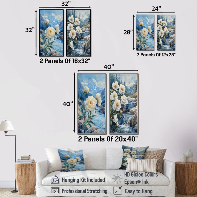 Pivoines blanches et les eaux glaciaires I - Collection d'art mural floral 2 panneaux, H 40 po x l 41 po