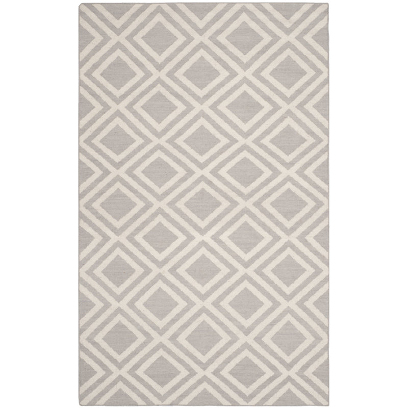 Tapis géométrique gris / ivoire en laine et en coton tissé à la main Brianna, Rectangle 3 pi x 5 pi