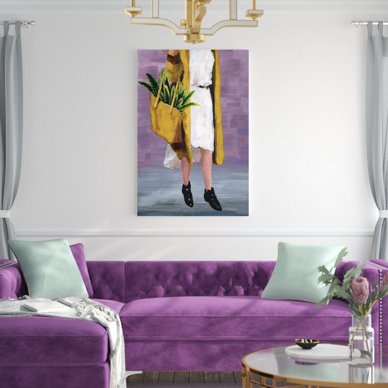 Femme avec plante dans un sac - peinture sur toile tendue, H 48 po x l 32 po